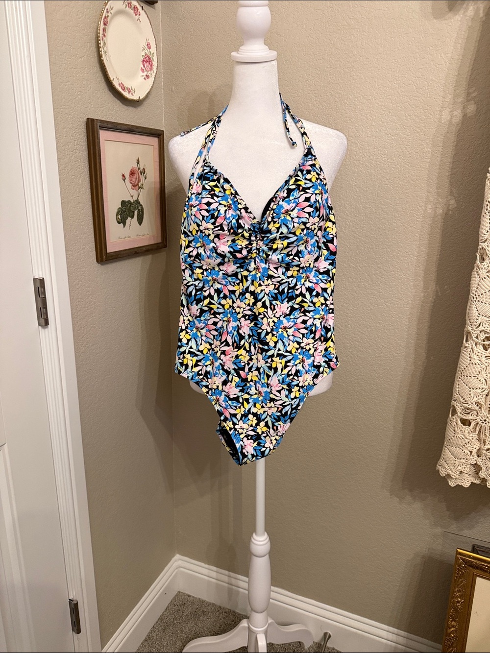 Shade & Shore Floral Halter One-Piece Swimsuit - Black, Pink, Blue & Yellow